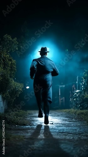 Man in a coat and fedora fleeing at night down a dimly lit path with a flashlight. Silhouette of a man running through dark nature.