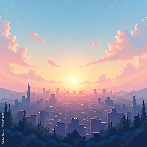 Cityscape View at Sunset with Soft Sky and Pastel Hues