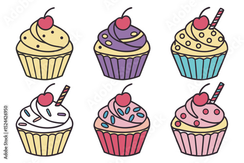 Colorful cupcakes with cherries and various frosting designs for festive celebrations