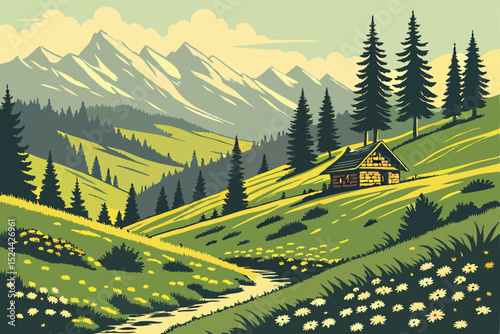  detailed pastoral landscape with a quaint cabin nestled in the hills, lush green meadows, towering pine trees, distant snow-capped mountains, cinematic lighting, colorful stylized digital art, matte