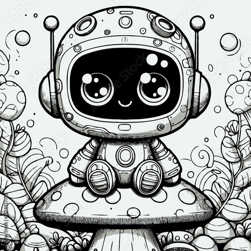  Cute robot sitting on mushroom in black and white fantasy scene