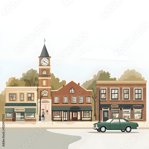 A small town with a clock tower and a green car. The car is parked on the side of the road