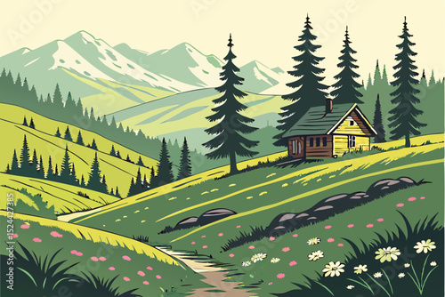  detailed pastoral landscape with a quaint cabin nestled in the hills, lush green meadows, towering pine trees, distant snow-capped mountains, cinematic lighting, colorful stylized digital art, matte