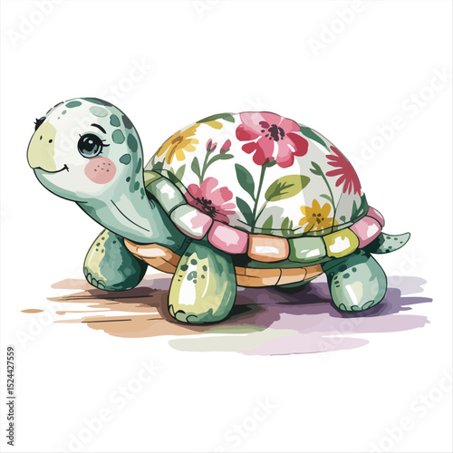 Charming Watercolor Turtle with Floral Shell