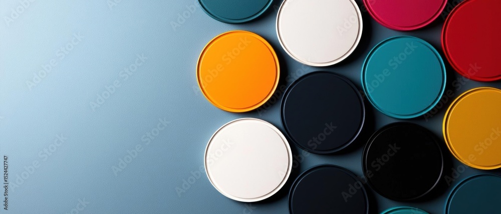 Close-up of a group of circular objects arranged in a grid-like pattern on a light blue background. Close-up of a group of circular objects arranged in a grid-like pattern on a light blue background.