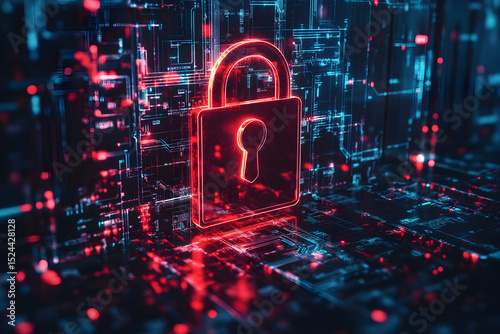A red and blue image of a key on a lock. The image is of a computer screen and the key is glowing. Scene is futuristic and technological