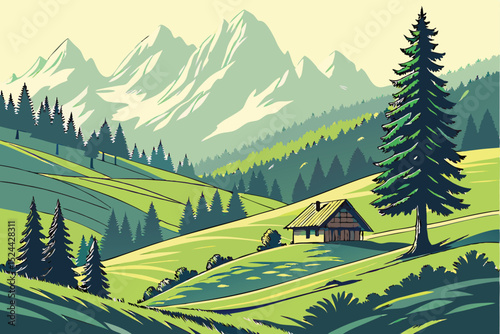  detailed pastoral landscape with a quaint cabin nestled in the hills, lush green meadows, towering pine trees, distant snow-capped mountains, cinematic lighting, colorful stylized digital art, matte