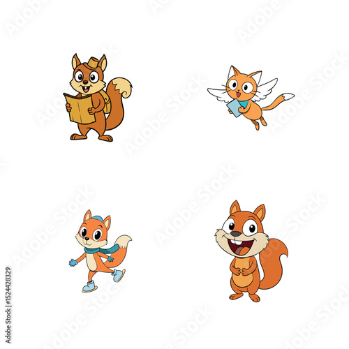 Adorable Cartoon Animals Squirrel, Cat, and Fox Illustrations