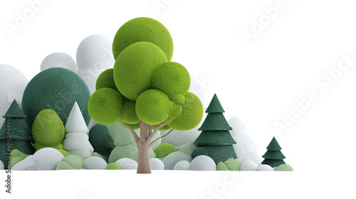 3D tree background reimagined in a fresh minimalist visual style isolated on white background 