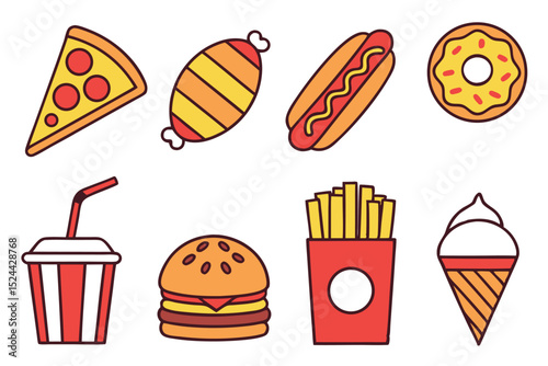 Colorful vector illustration of various delicious fast food items and beverages