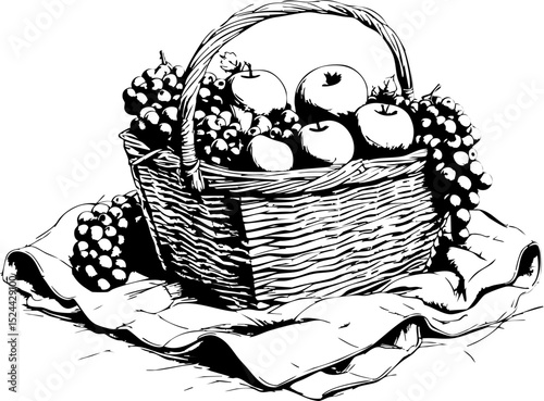 Freshly harvested fruits in a rustic woven basket farm setting warm atmosphere overhead view abundance for visual appeal