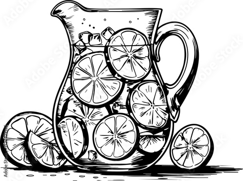 Refreshing lemonade pitcher filled with lemon slices kitchen setting drink bright environment artistic viewpoint