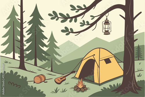  camping in the woods, pine trees, yellow tent, guitar, campfire, lantern, hiking, nature, landscape