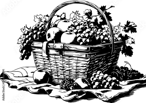 Harvesting bounty a vintage basket of fresh fruits and grapes rustic setting still life artwork natural charm