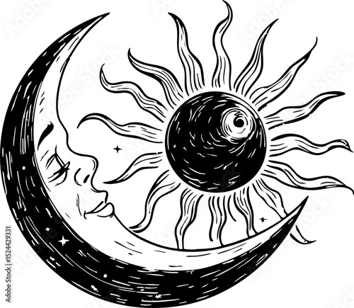 Celestial harmony sun and moon interaction cosmic dance mystical vibes front view balance of nature