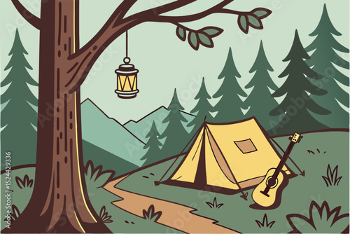 camping in the woods, pine trees, yellow tent, guitar, campfire, lantern, hiking, nature, landscape