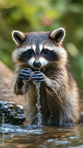 A curious raccoon delicately cups water in its paws, showcasing its dexterity and intelligence in a natural setting. Wildlife photography.