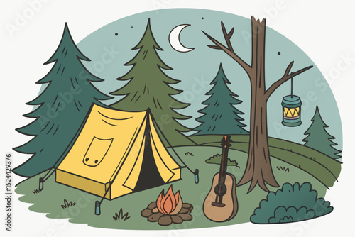  camping in the woods, pine trees, yellow tent, guitar, campfire, lantern, hiking, nature, landscape