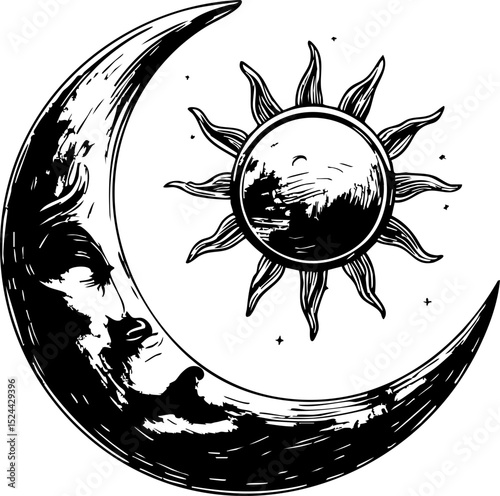 Celestial harmony the dance of sun and moon in artistic spiritual realm digital art ethereal atmosphere close-up view