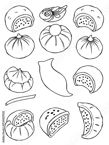 set of different dumplings, outline drawings, black line illustration isolated.
