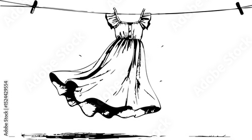 Whimsical dress hanging on a clothesline artistic minimalist style outdoor setting capturing nostalgia and simplicity