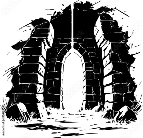 Ancient ruins emerge from the mist forest landscape digital art mystical environment wide-angle view history and mystery