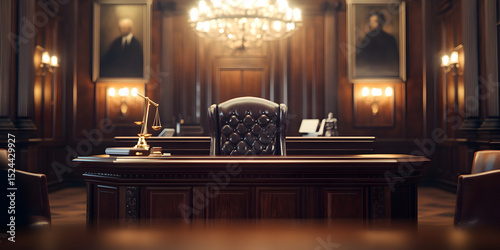 A courtroom with a judge's bench and a large portrait of a man on the wall
