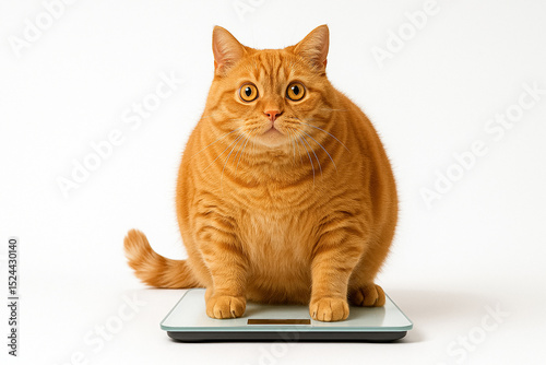 Fat ginger tabby cat sitting on digital scale and staring wide-eyed at the camera on white background.