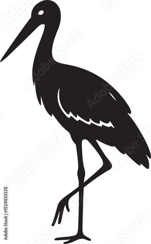 Stork black silhouette clean design, Wading bird standing minimal vector art