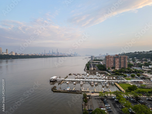 Aerial Views of Fort Lee, New Jersey with Manhattan Skyline and Hudson River at Sunset