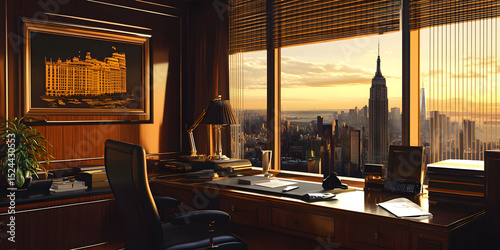 A large city view is shown from a window in a room with a desk and a chair
