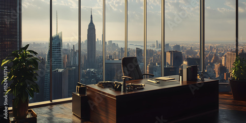 A large city view is seen through a window in a large office