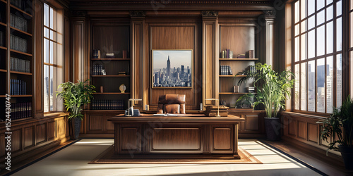 A large room with a desk and a large city picture on the wall