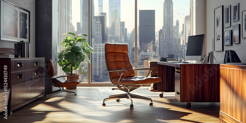 A modern office with a brown leather chair and a potted plant