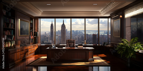 A large, well-lit office with a view of the city