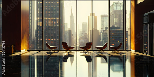 A large room with a view of the city