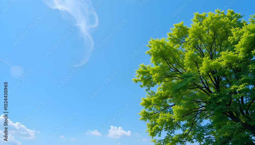 Fototapeta premium Bright blue sky with lush green tree branches