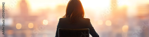 A woman is sitting in a chair looking out over a city