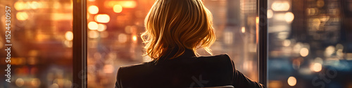 A woman is sitting in a chair looking out a window at the city