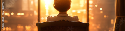 A woman is sitting in a chair looking out a window at the city