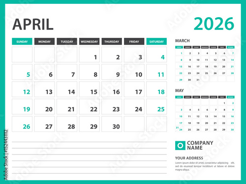 calendar 2026 template. april 2026 year, Week Starts on Sunday, Desk calendar 2026 design, Wall calendar, planner design, stationery, printing media, advertisement, vector