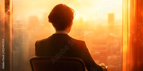 A woman in a suit is sitting in a chair looking out a window at the city