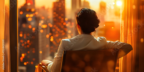 A woman is sitting in a chair looking out a window at the city