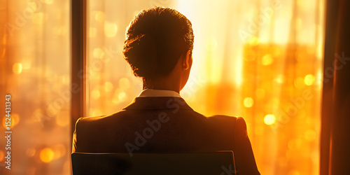 A woman in a suit is sitting in a chair looking out a window