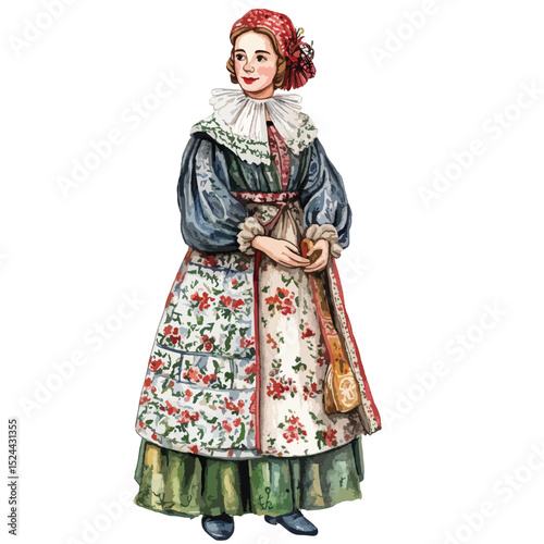 Woman in floral dress with ruffled collar and red head covering