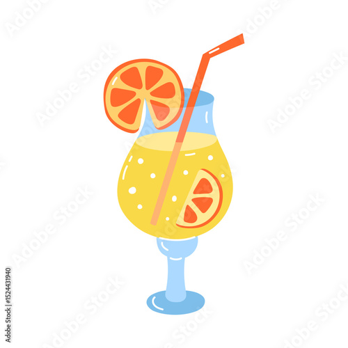 Citrus summer cocktail isolated vector illustration. Beverage in glass with orange slices and straw. Summertime, beach, tropical design. Flat object with cute doodle elements
