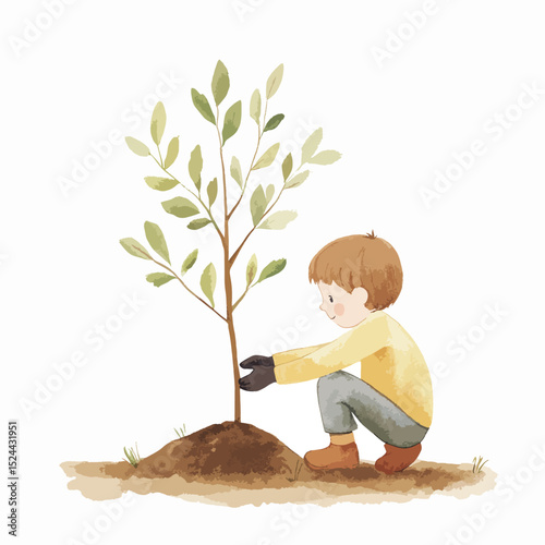 Young Boy Tenderly Planting a Sapling Tree