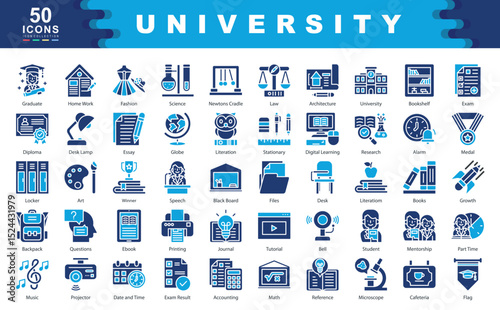 University color fill  icon set containing Architecture ,Exam Result, Accounting, Math, Reference, Bookshelf, Exam, Diploma, Essay, Stationary, Medal, Literation icon. Simple line vector
