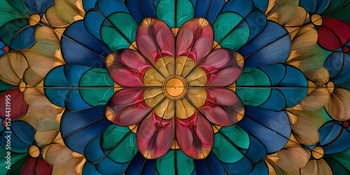 A colorful flower with a yellow center is the main focus of this image