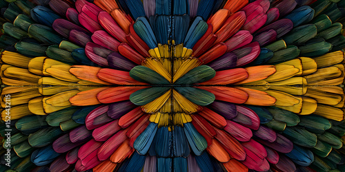 A colorful image of a flower with many different colored feathers